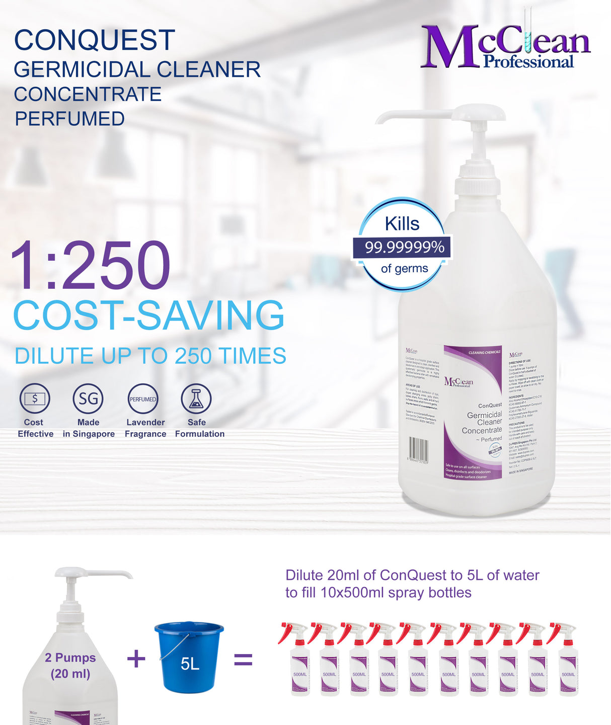 McClean® ConQuest Germicidal Cleaner Concentrate – Fresh Lavender 2 x 2.5LT