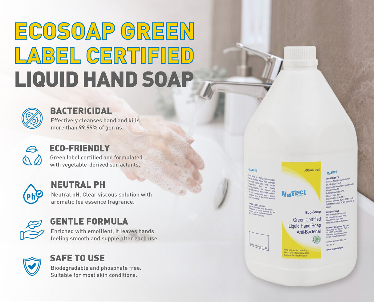 NuFeel® EcoSoap Green Label Certified Anti-Bacterial Liquid Hand Soap CDP4500 – Tea Essence 2 x 2.5LT