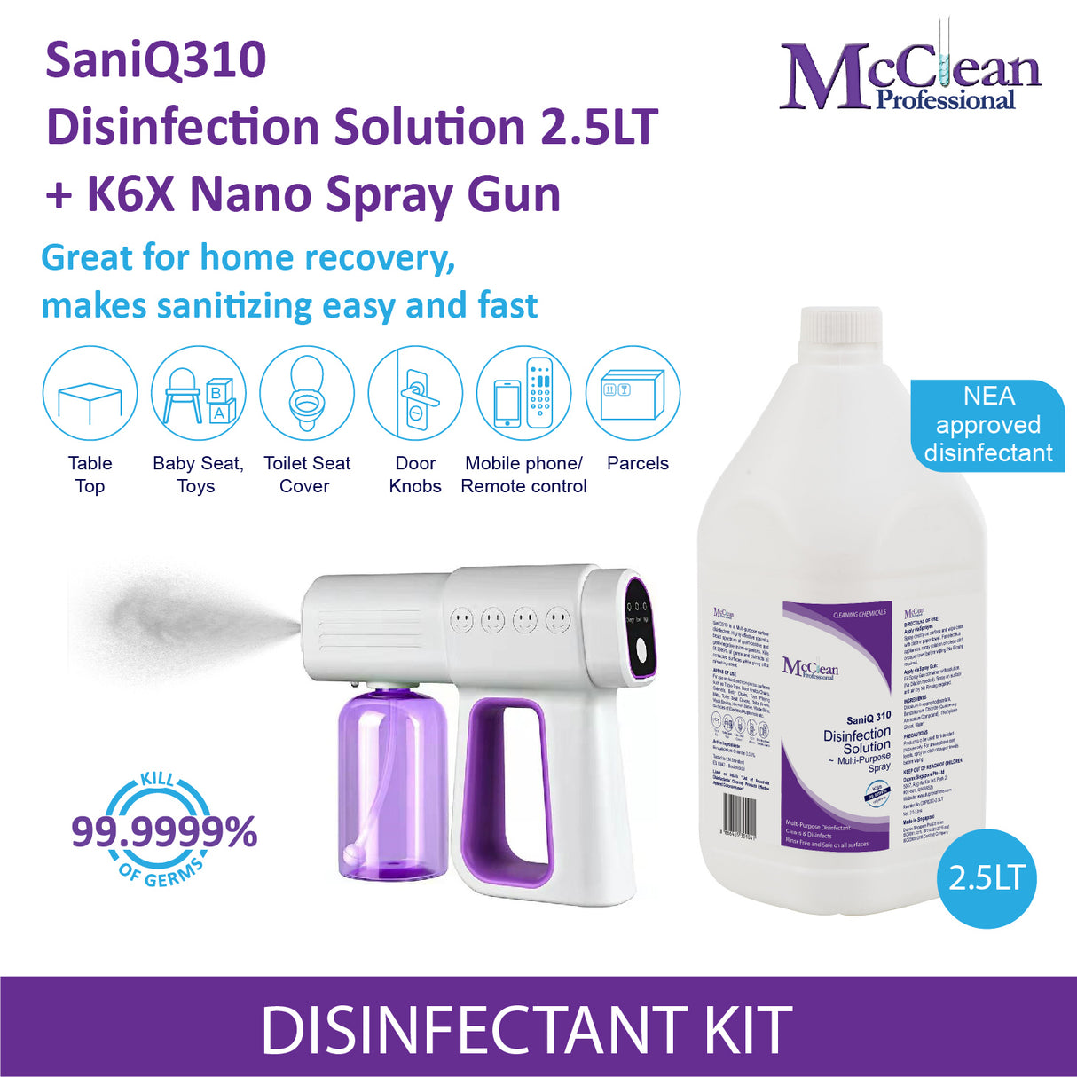 McClean® SaniQ310 Disinfection Solution – Multi-Purpose Surface Disinfectant 2 x 2.5LT